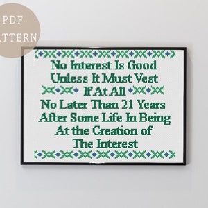 May include: A framed cross-stitch design with a white background and green text. The text reads "No Interest Is Good Unless It Must Vest XXXX IF At All XXXX No Later Than 21 Years After Some Life In Being At the Creation of The Interest".