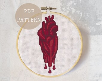 Melting Heart Cross Stitch Pattern | Red Gothic Anatomy Inspired Stitch | Spooky Halloween Home Decor