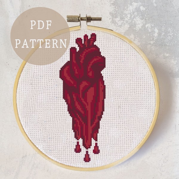 Melting Heart Cross Stitch Pattern | Red Gothic Anatomy Inspired Stitch | Spooky Halloween Home Decor