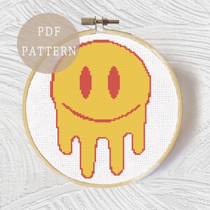 Y2K Cross Stitch Pattern | Trippy Retro Smiley Face | Beginner Level