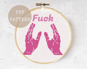 Adult Cross Stitch Pattern | Pink Hands with Curse Words  | Rude Kawaii Wall Decor