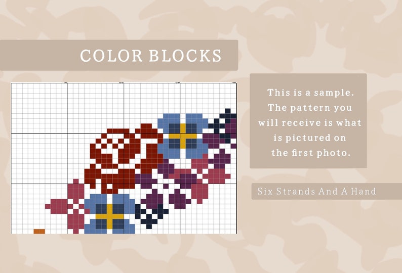 Op de afbeelding: Een kleurblok-cross-stitch patroon met een cluster van gestileerde bloemen in tinten rood, paars, blauw, geel en zwart. Het patroon wordt weergegeven op een raster.