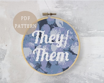 They Them Pronoun Cross Stitch Pattern I Botanical Negative Space Design I Nonbinary or Trans Pride