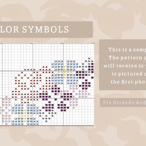 Op de afbeelding: Een kruissteekpatroonschema met kleursymbolen voor een bloemmotief. Het schema toont een verscheidenheid aan kleuren, waaronder rood, paars, blauw, geel en grijs. De tekst "This is a sample. The pattern you will receive is what is pictured on the first photo. Six Strands And A Hand" is zichtbaar in de afbeelding.