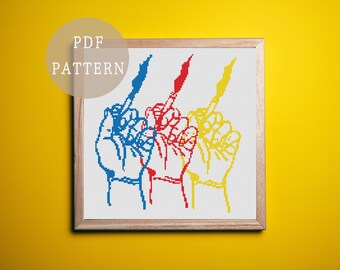Smoking Hands Cross Stitch Pattern | Minimalist Red Yellow and Blue Design | Unique Vibrant Home Decor