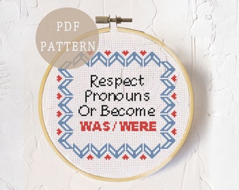 Cross Stitch Pattern for Allys and Genderqueer friends | Respect Pronouns | Kawaii Red and Blue Design