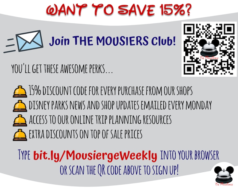 May include: A promotional graphic with a light gray background featuring the text WANT TO SAVE 15%? and Join THE MOUSIERS CLUB! It includes a blue envelope icon, a QR code with a bell logo, four yellow bell icons, and the URL bit.ly/MousiergeWeekly.