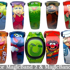 May include: Set of 10 colorful MagicBand 2 and MagicBand+ wristbands featuring various Disney characters, including Miss Piggy, Kermit the Frog, and Animal from The Muppets.