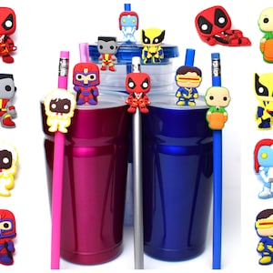 May include: A set of 12 colorful cartoon character straw toppers. The toppers are made of silicone and feature characters from the X-Men and Deadpool. The toppers are perfect for adding a fun touch to your drinks.