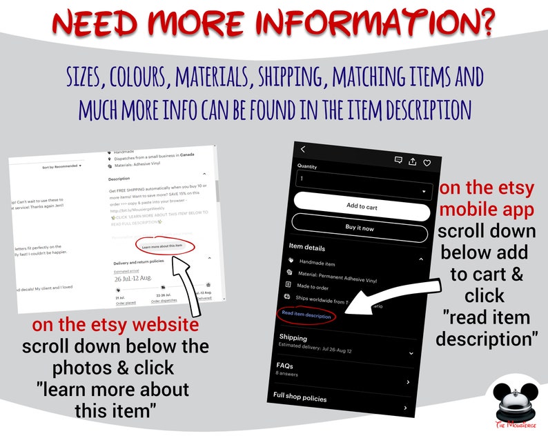 May include: Image showing instructions on how to find more information about an Etsy listing. Text includes "Sizes, Colours, Materials, Shipping, Matching Items and Much More Info Can Be Found in the Item Description."