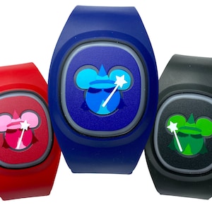 May include: Three silicone wristbands with a Mickey Mouse design. The wristbands are red, blue, and black. Each wristband features a Mickey Mouse head with a wizard hat and a magic wand.
