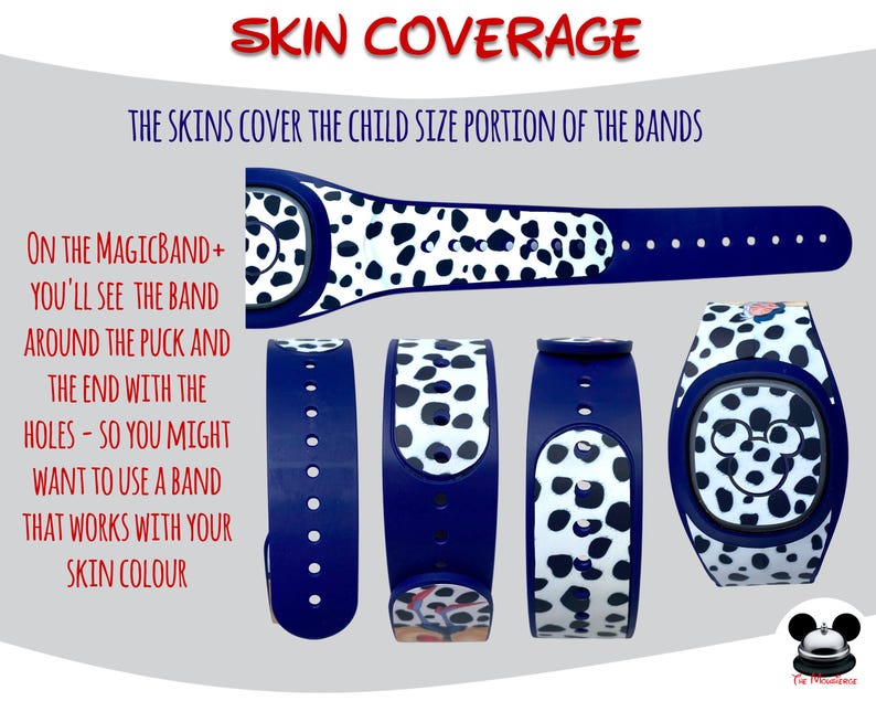 May include: Image of MagicBand+ skins with a Dalmatian pattern. The skins are blue and white with black spots. The text on the image reads "SKIN COVERAGE" and "THE SKINS COVER THE CHILD SIZE PORTION OF THE BANDS."