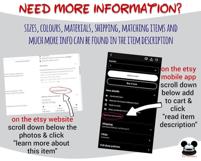 May include: An instructional graphic with red and blue text on a light gray background. It displays two screenshots showing how to find item details on the Etsy website and mobile app, with white arrows pointing to specific buttons to click.