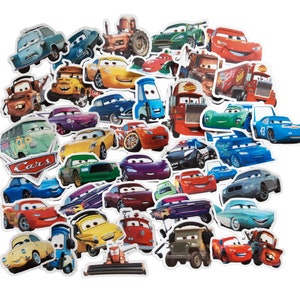 May include: A collection of colourful Cars character stickers featuring Lightning McQueen, Mater, and other characters from the Disney Pixar movie Cars. The stickers are perfect for decorating notebooks, laptops, water bottles, and more.