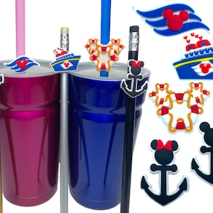 May include: Three stainless steel tumblers with different coloured lids and straws. Each straw has a different Disney character charm attached to it. The charms are a Mickey Mouse head with an anchor, a Mickey Mouse head with a life preserver, and a Mickey Mouse head with a ship's wheel.