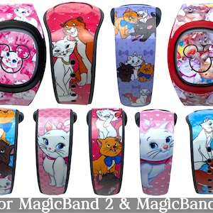 May include: Ten different MagicBand 2 and MagicBand+ designs featuring a pink, red, blue, and purple background with a white cat and a mouse design.  The text "for MagicBand 2 & MagicBand+" is at the bottom of the image.