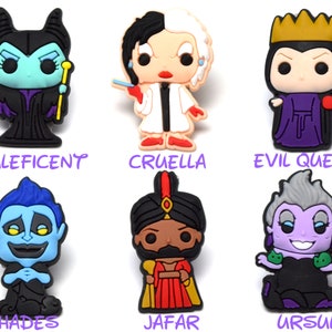 May include: Set of 10 Disney villain character charms, featuring Maleficent, Cruella de Vil, Evil Queen, Hades, Jafar, Ursula, and more. Each charm is made of colorful plastic and features a pop-culture inspired design.