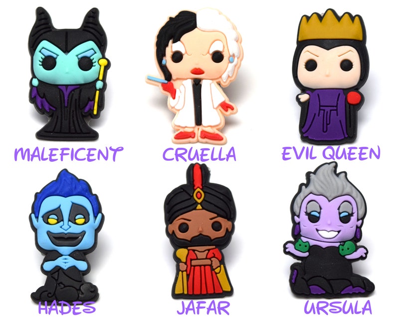 May include: Set of 10 Disney villain character charms, featuring Maleficent, Cruella de Vil, Evil Queen, Hades, Jafar, Ursula, and more. Each charm is made of colorful plastic and features a pop-culture inspired design.