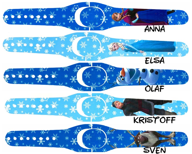 May include: Five blue and white wristbands featuring characters from the movie Frozen. The wristbands have a snowflake pattern and include images of Anna, Elsa, Olaf, Kristoff, and Sven, with each character's name printed below.