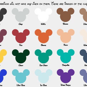 以下が含まれることがあります： 15色の異なるミッキーマウスの頭部のシルエットのチャート。色は、黒、グレー、白、茶色、薄い茶色、クリムゾン、赤、オレンジ、ピーチ、温かいクリーム、黄色、緑、海の緑、ターコイズ、紺色、ロイヤルブルー、薄い青、氷の青、濃い紫、薄い紫です。