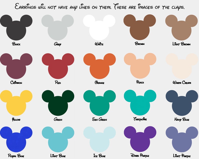 以下が含まれることがあります： 15色の異なるミッキーマウスの頭部のシルエットのチャート。色は、黒、グレー、白、茶色、薄い茶色、クリムゾン、赤、オレンジ、ピーチ、温かいクリーム、黄色、緑、海の緑、ターコイズ、紺色、ロイヤルブルー、薄い青、氷の青、濃い紫、薄い紫です。