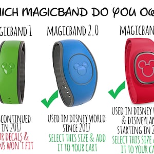May include: Image comparing three MagicBand styles: green MagicBand 1, blue MagicBand 2.0, and red MagicBand+. Text indicates MagicBand 1 is discontinued. MagicBand 2.0 is used in Disney World since 2017. MagicBand+ is used in Disney World & Disneyland starting in 2022.