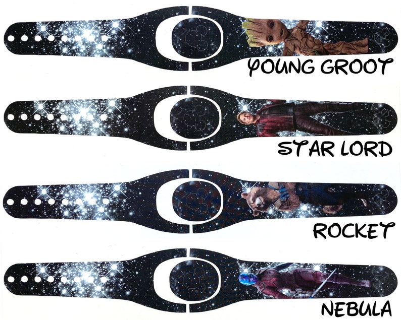 May include: Four different designs for a Disney MagicBand featuring characters from Guardians of the Galaxy. The designs feature a black background with a galaxy pattern and a white outline of Mickey Mouse's head. The characters featured are Young Groot, Star-Lord, Rocket, and Nebula.