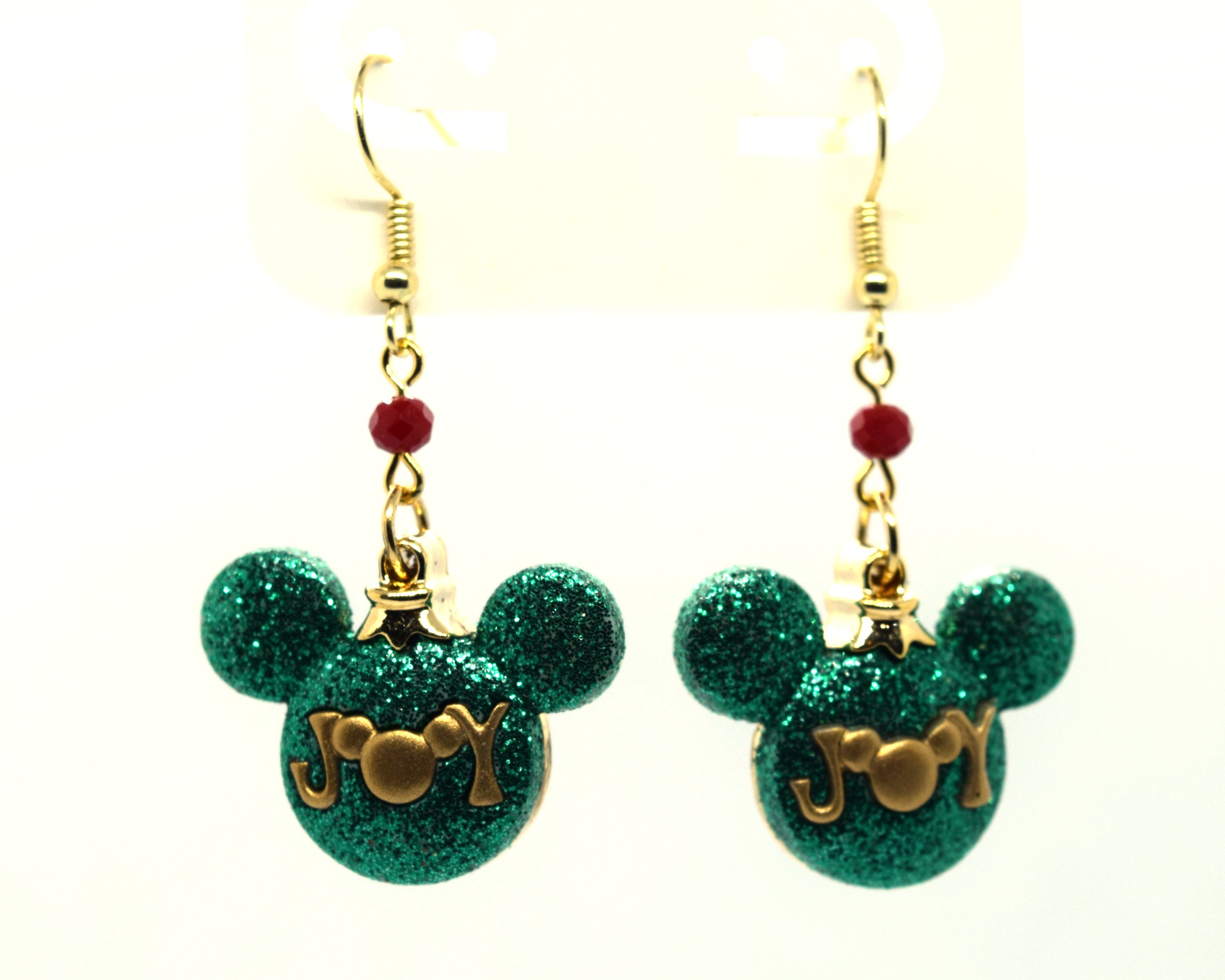 Green Glitter Mickey Mouse Joy Christmas Ornament Earrings Mickey