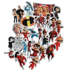 May include: A set of 20 colorful stickers featuring characters from the animated movie The Incredibles. The stickers include Mr. Incredible, Elastigirl, Violet, Dash, Jack-Jack, Frozone, and Syndrome. The stickers are perfect for decorating laptops, water bottles, notebooks, and more.