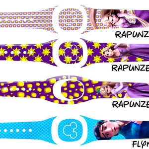 Op de afbeelding: Vier verschillende ontwerpen voor een Disney MagicBand. De ontwerpen tonen personages uit de film Rapunzel. De eerste drie ontwerpen tonen Rapunzel, en het laatste ontwerp toont Flynn Rider. De tekst op de banden luidt "Rapunzel 1", "Rapunzel 2", "Rapunzel 3" en "Flynn 1".