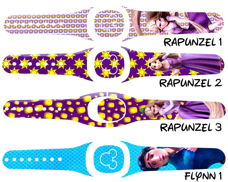 Op de afbeelding: Vier verschillende ontwerpen voor een Disney MagicBand. De ontwerpen tonen personages uit de film Rapunzel. De eerste drie ontwerpen tonen Rapunzel, en het laatste ontwerp toont Flynn Rider. De tekst op de banden luidt "Rapunzel 1", "Rapunzel 2", "Rapunzel 3" en "Flynn 1".