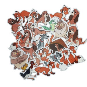 May include: A collection of die-cut stickers featuring various animated animal characters, including foxes, hounds, owls, and a caterpillar. The characters are depicted in a variety of poses and expressions, rendered in a classic cartoon art style.
