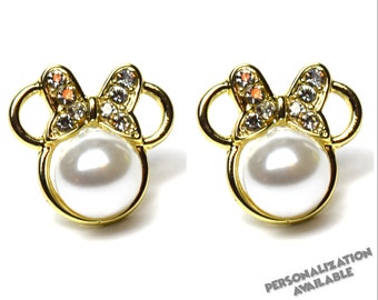 Gold Minnie Mouse Earrings | Glass Pearls & Rhinestones | Disney Character Jewelry | Gift for Disney Fan