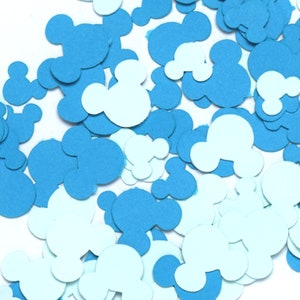 Peut inclure: Confettis en papier bleu et bleu clair en forme d'oreilles de Mickey Mouse.