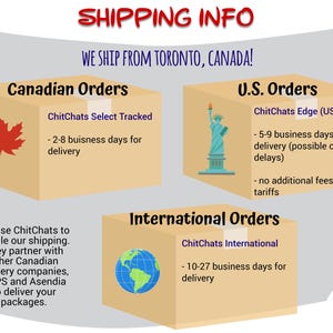 May include: Three cardboard shipping boxes labeled Canadian Orders, U.S. Orders, and International Orders. The boxes feature a red maple leaf, the Statue of Liberty, and a globe icon. Text includes shipping details, delivery times, and company names.