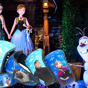 May include: Blue wristbands featuring characters from the animated film "Frozen", including Elsa, Anna, Olaf, and Kristoff. The wristbands have a blue background with snowflake patterns. The background shows the characters Elsa and Anna, and Olaf the snowman.