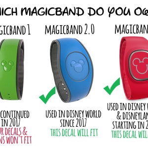 May include: A guide to Disney MagicBands, showing the different versions and their compatibility with decals. The MagicBand 1 is discontinued, while the MagicBand 2.0 and MagicBand+ are still in use. The MagicBand 2.0 is used in Disney World since 2017, and the MagicBand+ is used in Disney World and Disneyland starting in 2022.