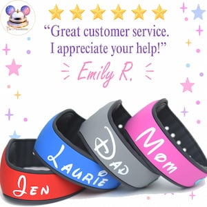 May include: Four silicone wristbands in red, blue, gray, and pink, each featuring a white name or title: Jen, Laurie, Dad, and Mom. Above the bands, text reads: Great customer service. I appreciate your help! Emily R. with six yellow stars.