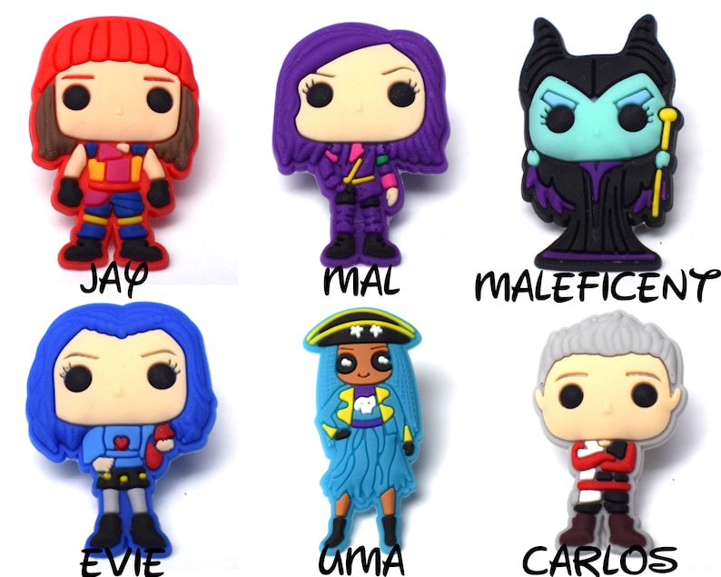 May include: Six colorful cartoon character figurines with large eyes and a pop art style. The characters are from the Disney Descendants movie franchise. The characters are Jay, Mal, Maleficent, Evie, Uma, and Carlos.