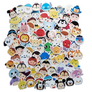 May include: A large collection of colorful, circular stickers featuring various cartoon character faces. The assortment includes diverse animal and human-like figures with simplified, rounded features, rendered in bright, solid colors.