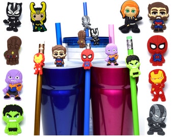 Avengers Straw Buddies | Superhero Pencil Toppers | Spider-Man, Iron Man, Loki, Captain America, Hulk, Thanos, Black Widow, Black Panther