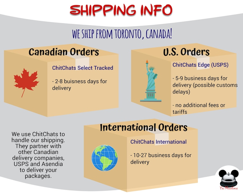 May include: Shipping information graphic with text: "SHIPPING INFO" and "WE SHIP FROM TORONTO, CANADA!". Includes illustrations of shipping boxes with a maple leaf, Statue of Liberty, and globe, representing different order destinations.