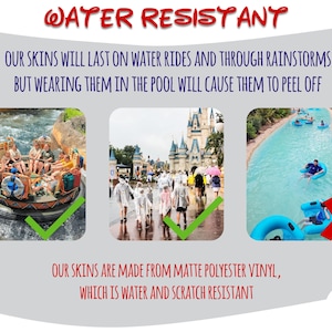 May include: An image with the text "WATER RESISTANT" and information about the product's water resistance. The image shows examples of water rides, rain, and a pool, with check marks and an X to indicate suitable and unsuitable uses.