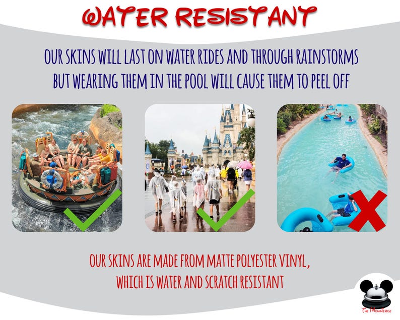 May include: An image with the text "WATER RESISTANT" and information about the product's water resistance. The image shows examples of water rides, rain, and a pool, with check marks and an X to indicate suitable and unsuitable uses.