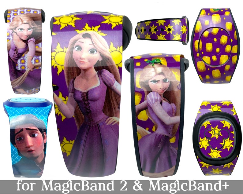 Op de afbeelding: Een set van zes MagicBand 2 en MagicBand+ skins met Rapunzel uit Disney's Tangled. De skins zijn paars met gele zonnen en bevatten verschillende afbeeldingen van Rapunzel.