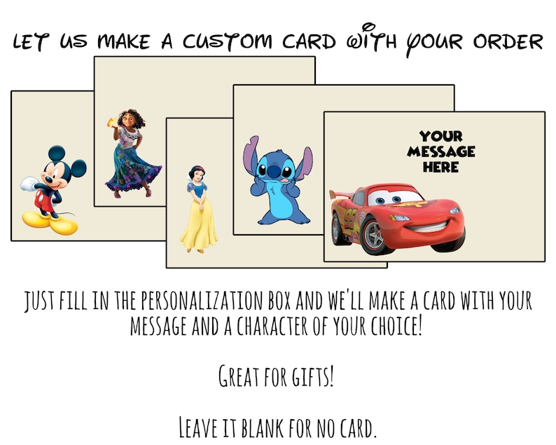 Puede incluir: Una imagen digital que muestra una variedad de personajes de dibujos animados, incluyendo Mickey Mouse, Stitch, Blancanieves, Moana y Rayo McQueen. La imagen es una plantilla para una tarjeta personalizada con el texto "Tu mensaje aqu&iacute;".