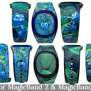 May include: A collection of MagicBand 2 and MagicBand+ accessories featuring designs from the animated film "A Bug's Life." The bands showcase blue ants, green leaves, and a Mickey Mouse silhouette. The text "for MagicBand 2 & MagicBand+" is at the bottom.
