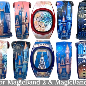 May include: A selection of MagicBand 2 and MagicBand+ wristbands with diverse designs. The bands display castle illustrations, fireworks, and Mickey Mouse silhouettes in vivid colours such as blue, red, and gold. Text at the bottom reads "for MagicBand 2 & MagicBand+".