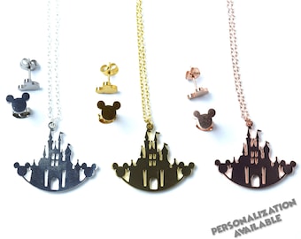 Disney Castle Necklace with Mickey Mouse Earrings | Gold, Silver & Rose Gold Jewelry Set | Disney World Trip Accessories | Gift Disney Fan