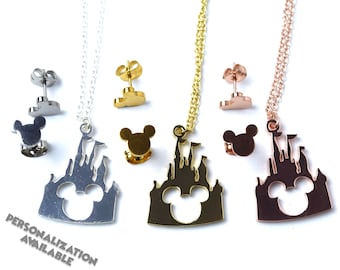 Disney Castle Necklace with Mickey Mouse Earrings | Gold , Silver, Rose Gold | Disney World Trip Accessories | Mickey Studs | Jewelry Set